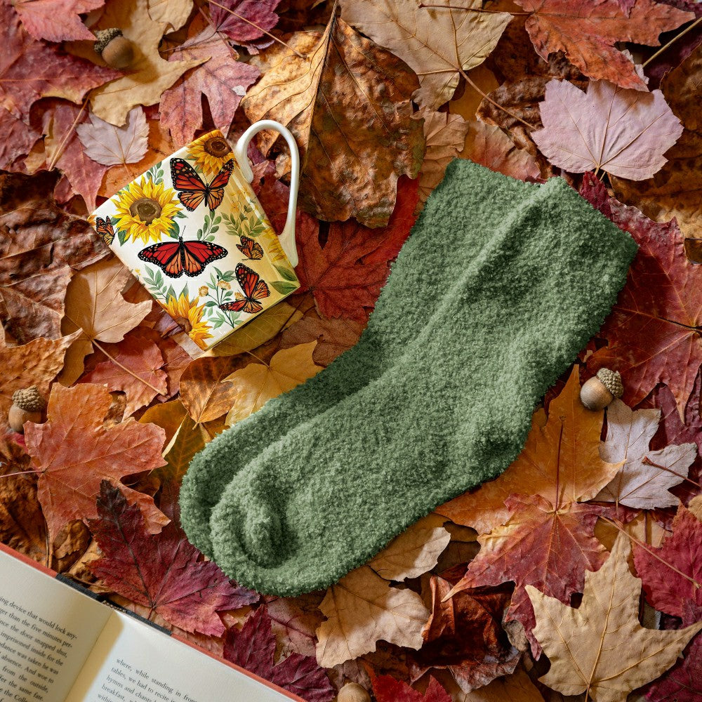 Plow & Hearth Butterfly Ceramic Flare Cup and Sage Socks Gift Set, 12oz, Gift Box