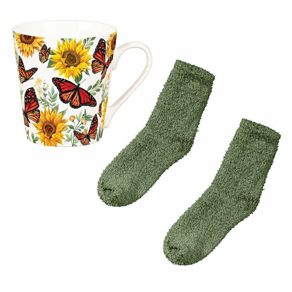 Plow & Hearth Butterfly Ceramic Flare Cup and Sage Socks Gift Set, 12oz, Gift Box