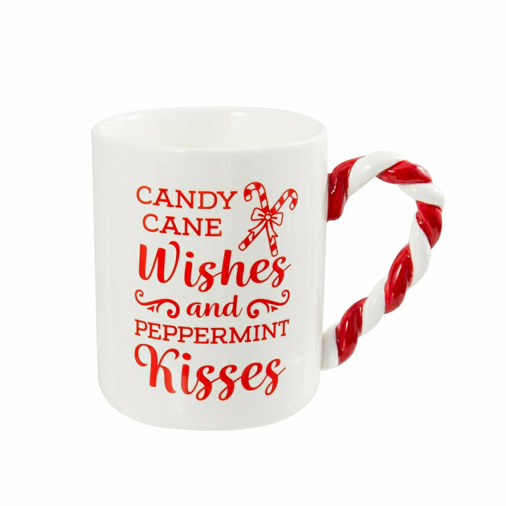 Plow & Hearth Baking Spirits Bright Coffee Cup Ceramic Candy Cane Handle, 14oz, Gift