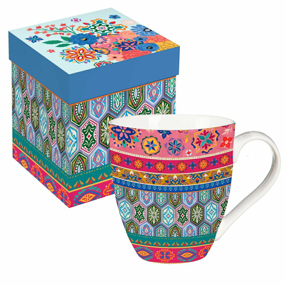 Plow & Hearth Geometric Tapestry Ceramic Cup O' Java, 17oz, Gift Box