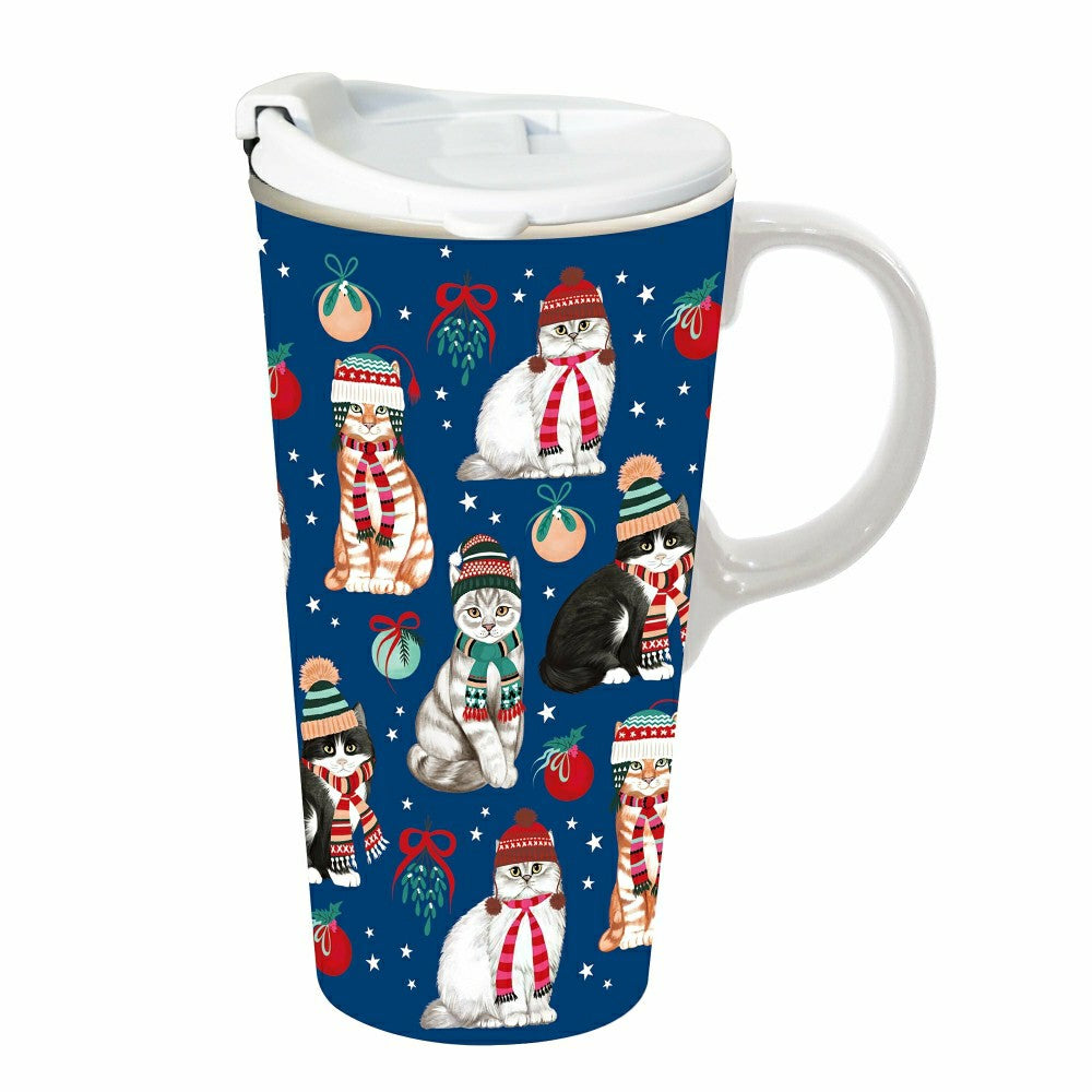 Plow & Hearth Ceramic Perfect Travel Cup, 17oz, w/ Gift Box, Winter Cats