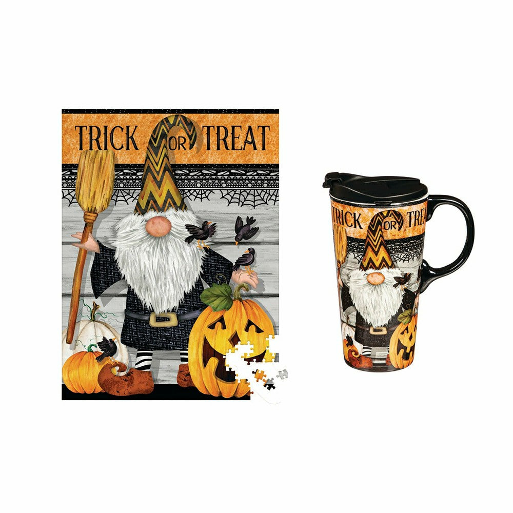 Plow & Hearth Haunted House 17 OZ Ceramic Cup and Puzzle Gift Set, Trick Or Treat Gn