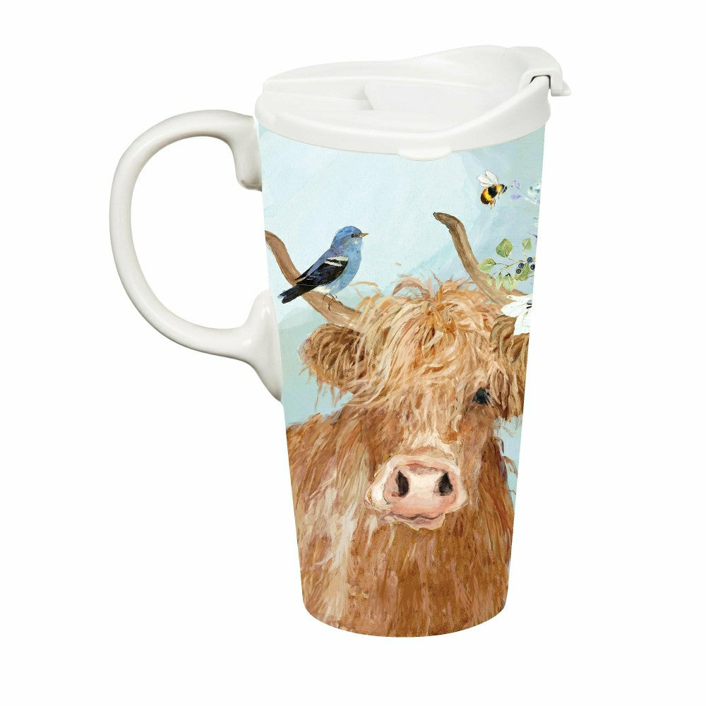Plow & Hearth Hillside Pasture Travel Cup Ceramic Perfect Cup, Farm Highland Brown C