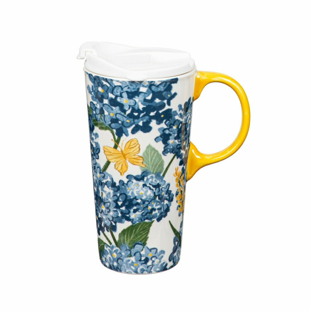 Plow & Hearth Seaside Retreat Travel Cup Ceramic Perfect Cup, Blue Hydrangeas, 17oz,