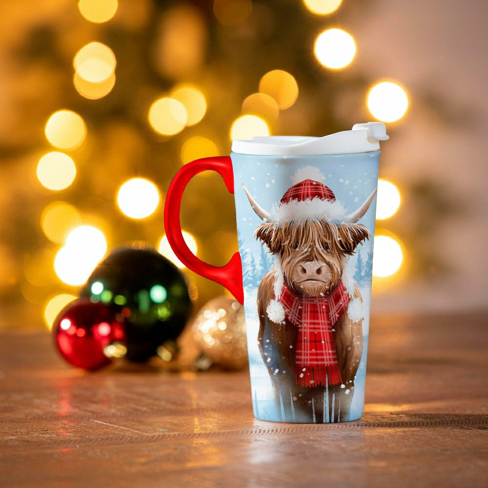 Plow & Hearth Holly Homestead Travel Cup Ceramic Perfect Cup, Highland Cow, 17oz, Gi