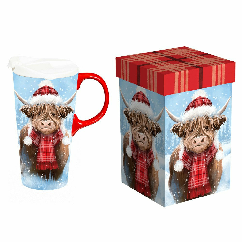 Plow & Hearth Holly Homestead Travel Cup Ceramic Perfect Cup, Highland Cow, 17oz, Gi