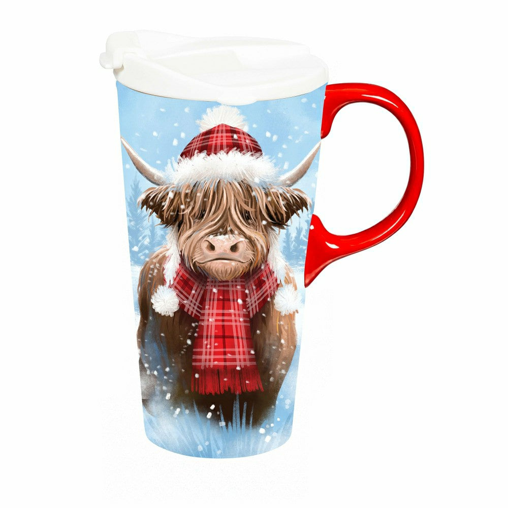 Plow & Hearth Holly Homestead Travel Cup Ceramic Perfect Cup, Highland Cow, 17oz, Gi
