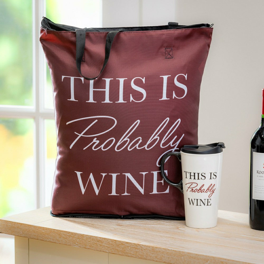 Plow & Hearth This Is Probably Wine Ceramic Perfect Cup and Compact Tote Giftset, 17