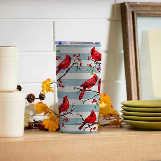 Plow & Hearth Snowbirds Tumbler Stainless-Steel, Winter Cardinals, 20oz, Gift Box