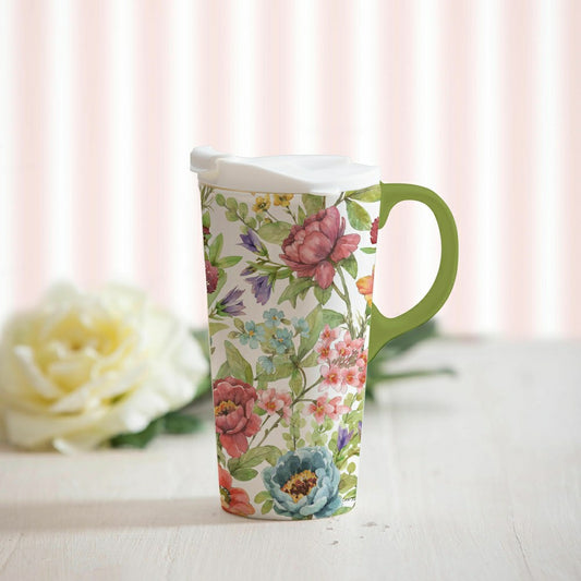 Plow & Hearth Hillside Pasture Travel Cup Ceramic Perfect Cup, Florals from the Gard