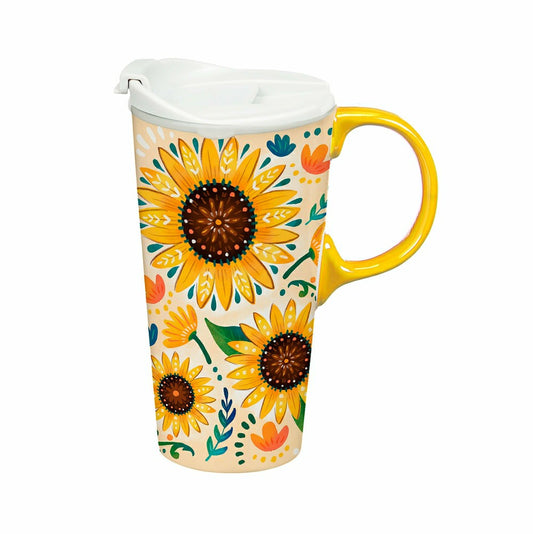 Plow & Hearth Folk Sunflower Ceramic Perfect Cup, 17oz, Gift Box