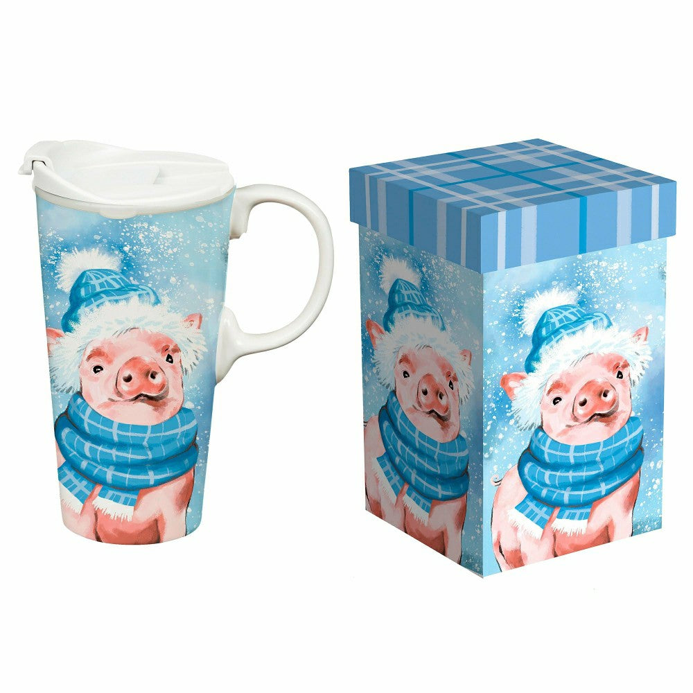 Plow & Hearth Holly Homestead Travel Cup Ceramic Perfect Cup, Pig, 17oz, Gift Box