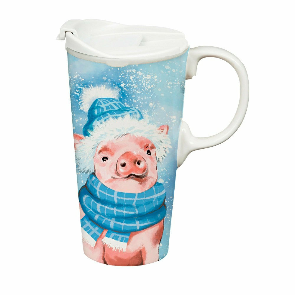 Plow & Hearth Holly Homestead Travel Cup Ceramic Perfect Cup, Pig, 17oz, Gift Box