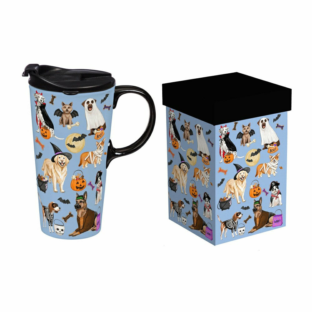Plow & Hearth Haunted House Dogs In Costumes Ceramic Perfect Cup, 17oz, Gift Box