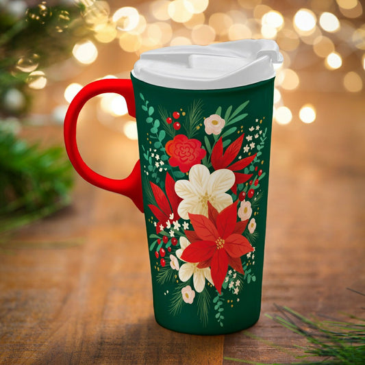 Plow & Hearth Holiday Poinsettia Travel Cup Ceramic Perfect Cup, Poinsettia Bouquet,