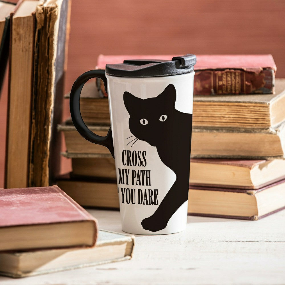 Plow & Hearth Haunted House Cat Cross My Path If You Dare Ceramic Perfect Cup, 17oz,
