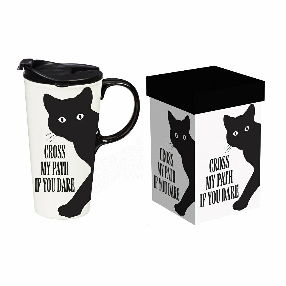 Plow & Hearth Haunted House Cat Cross My Path If You Dare Ceramic Perfect Cup, 17oz,