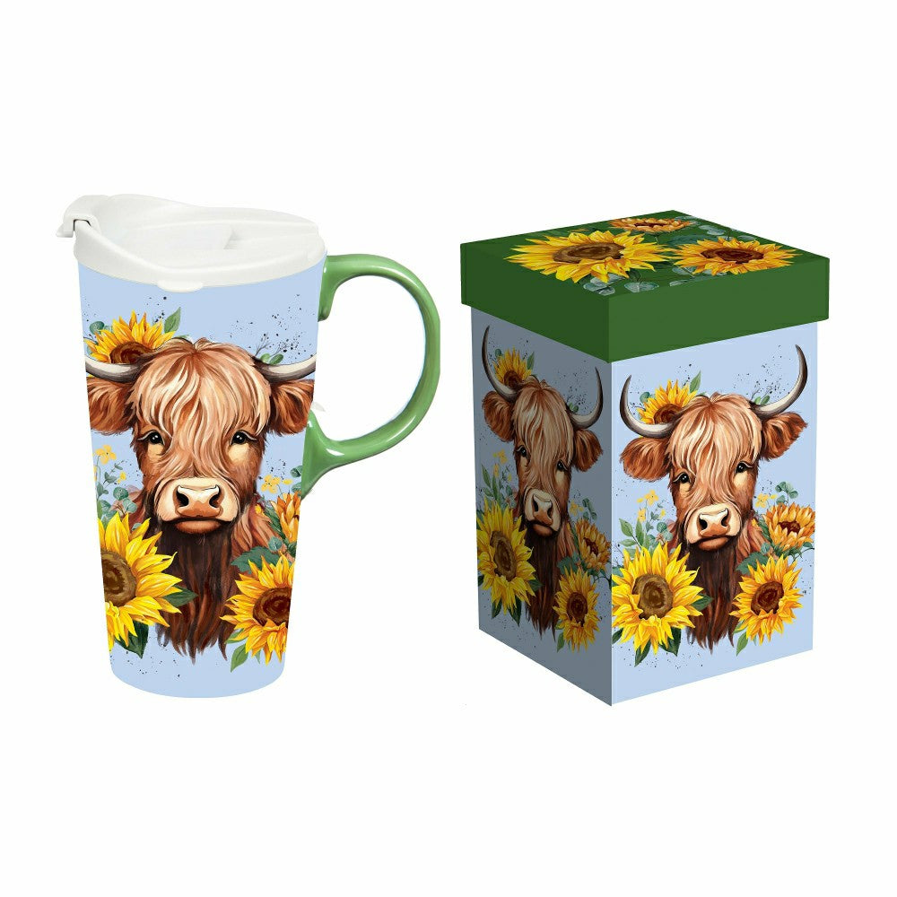 Plow & Hearth Harvest Blossom Highland Cow and Sunflowers Ceramic Perfect Cup, 17oz,