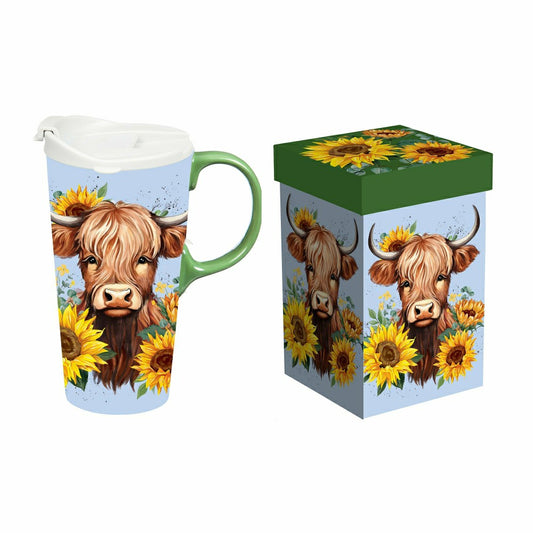 Plow & Hearth Harvest Blossom Highland Cow and Sunflowers Ceramic Perfect Cup, 17oz,