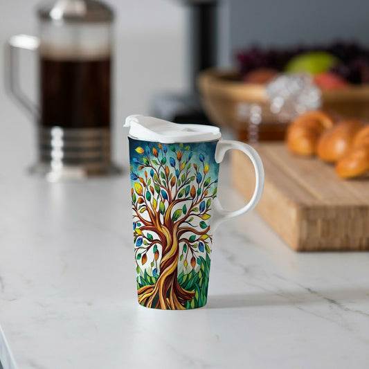 Plow & Hearth Harvest Blossom Tree Of Life Ceramic Perfect Cup, 17oz, Gift Box