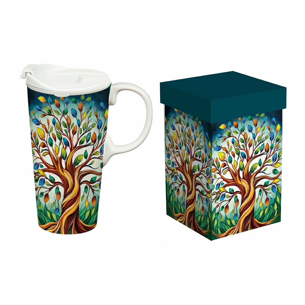 Plow & Hearth Harvest Blossom Tree Of Life Ceramic Perfect Cup, 17oz, Gift Box