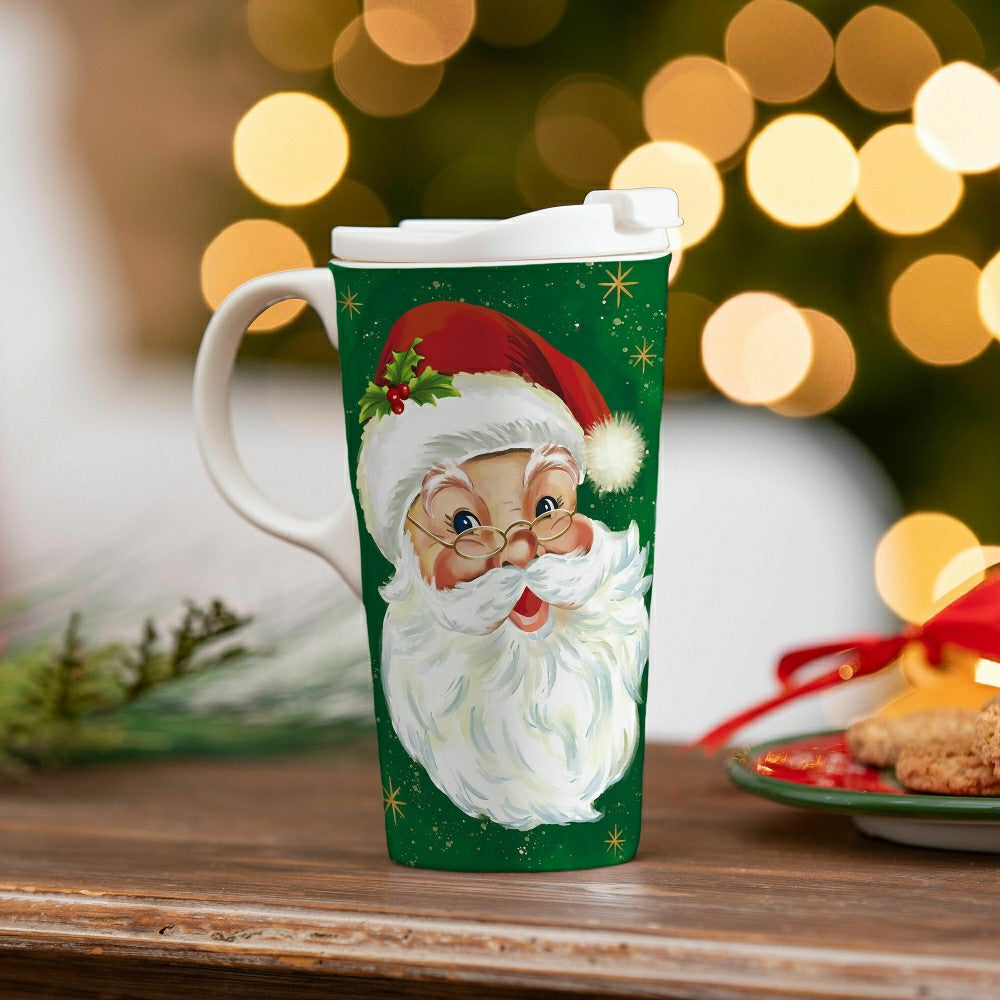 Plow & Hearth Traditional Santa Travel Cup Ceramic Perfect Cup, Jolly Santa, 17oz, G