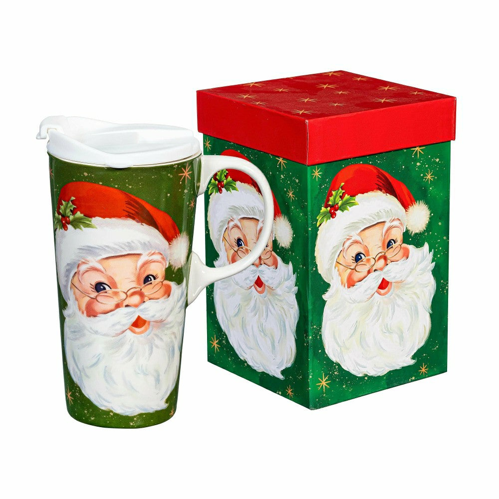 Plow & Hearth Traditional Santa Travel Cup Ceramic Perfect Cup, Jolly Santa, 17oz, G