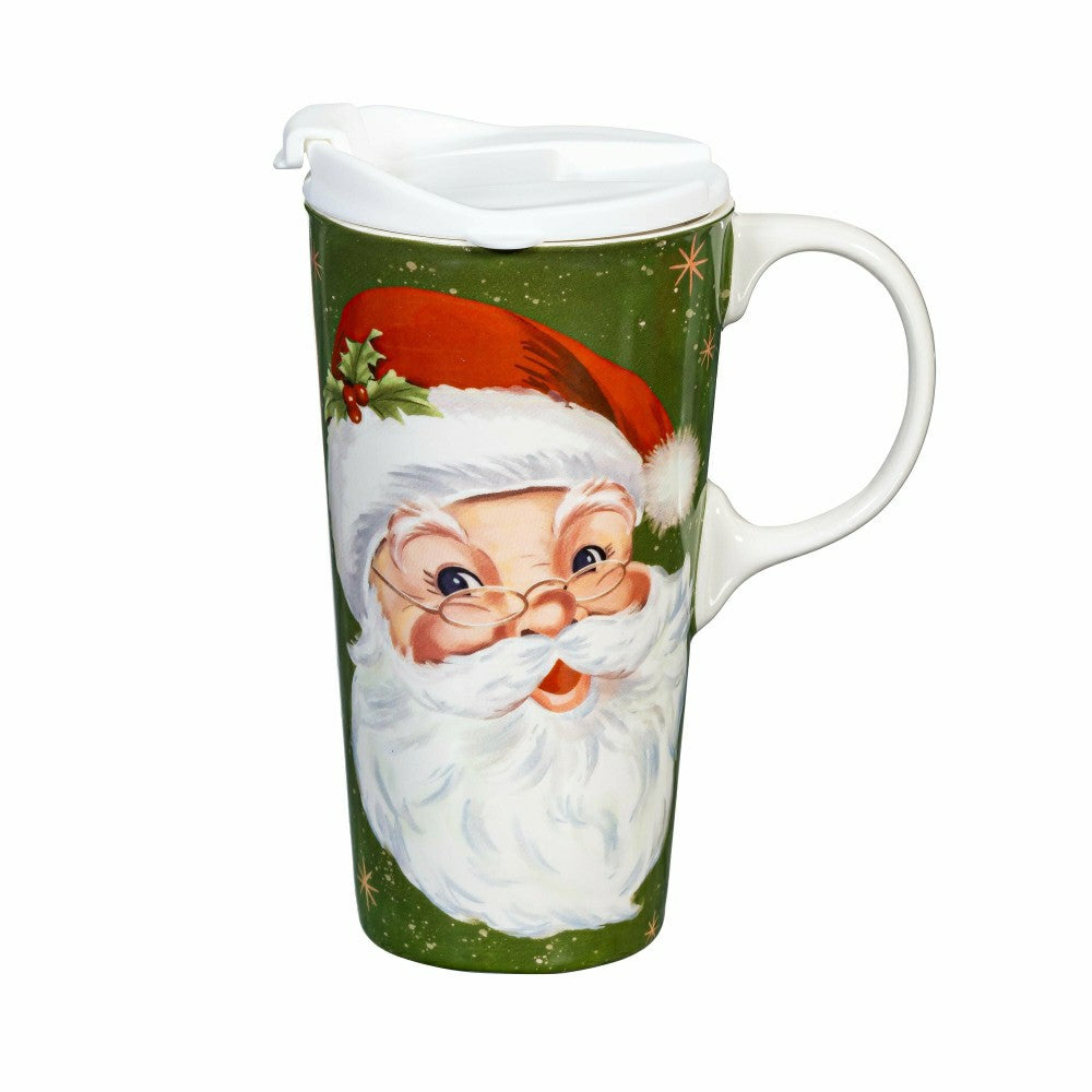 Plow & Hearth Traditional Santa Travel Cup Ceramic Perfect Cup, Jolly Santa, 17oz, G