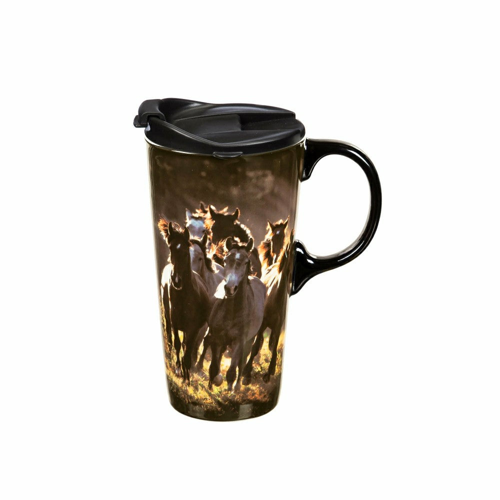 Plow & Hearth Ceramic Perfect Travel Cup, 17oz, w/ Gift Box, Running Horses