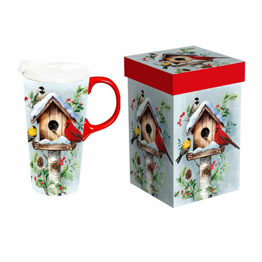 Plow & Hearth Snowbirds Travel Cup Ceramic Perfect Cup, Birdhouse and Birds, 17oz, G