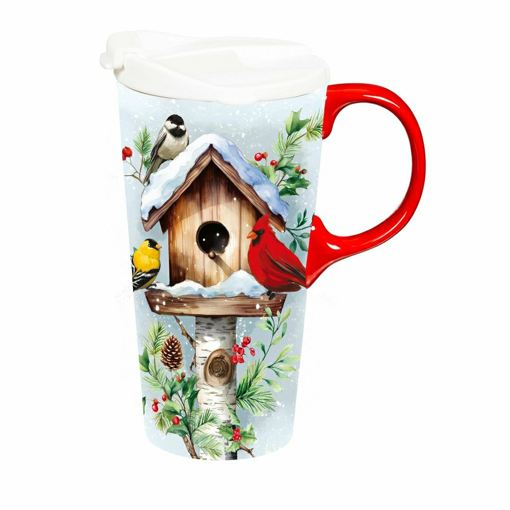 Plow & Hearth Snowbirds Travel Cup Ceramic Perfect Cup, Birdhouse and Birds, 17oz, G