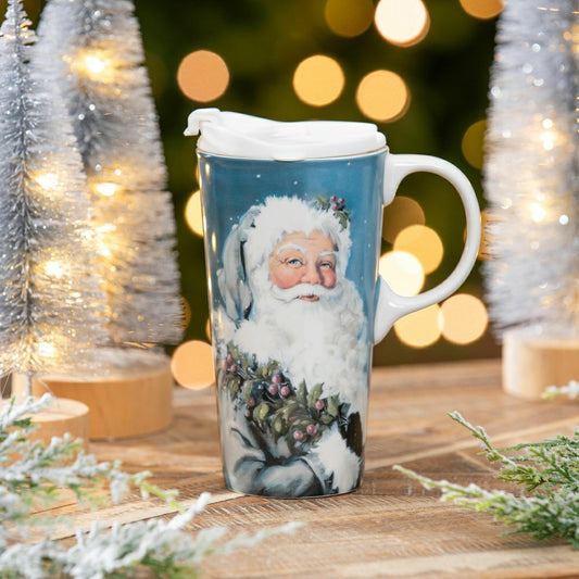 Plow & Hearth Traditional Santa Travel Cup Ceramic Perfect Cup, Winter Santa, 17oz,
