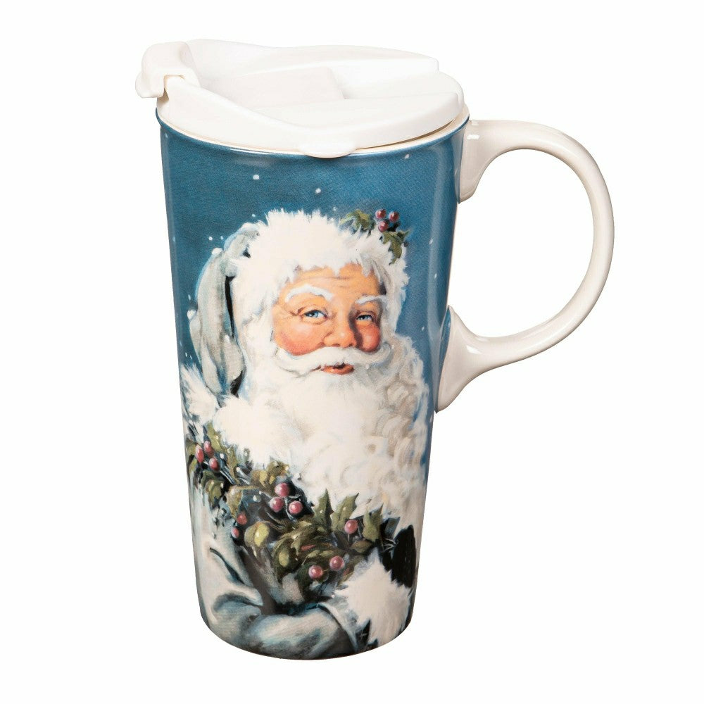 Plow & Hearth Traditional Santa Travel Cup Ceramic Perfect Cup, Winter Santa, 17oz,