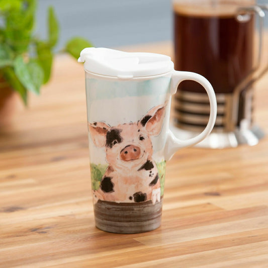 Plow & Hearth Hillside Pasture Travel Cup Ceramic Perfect Cup, Farm Spotted Pig, 17o