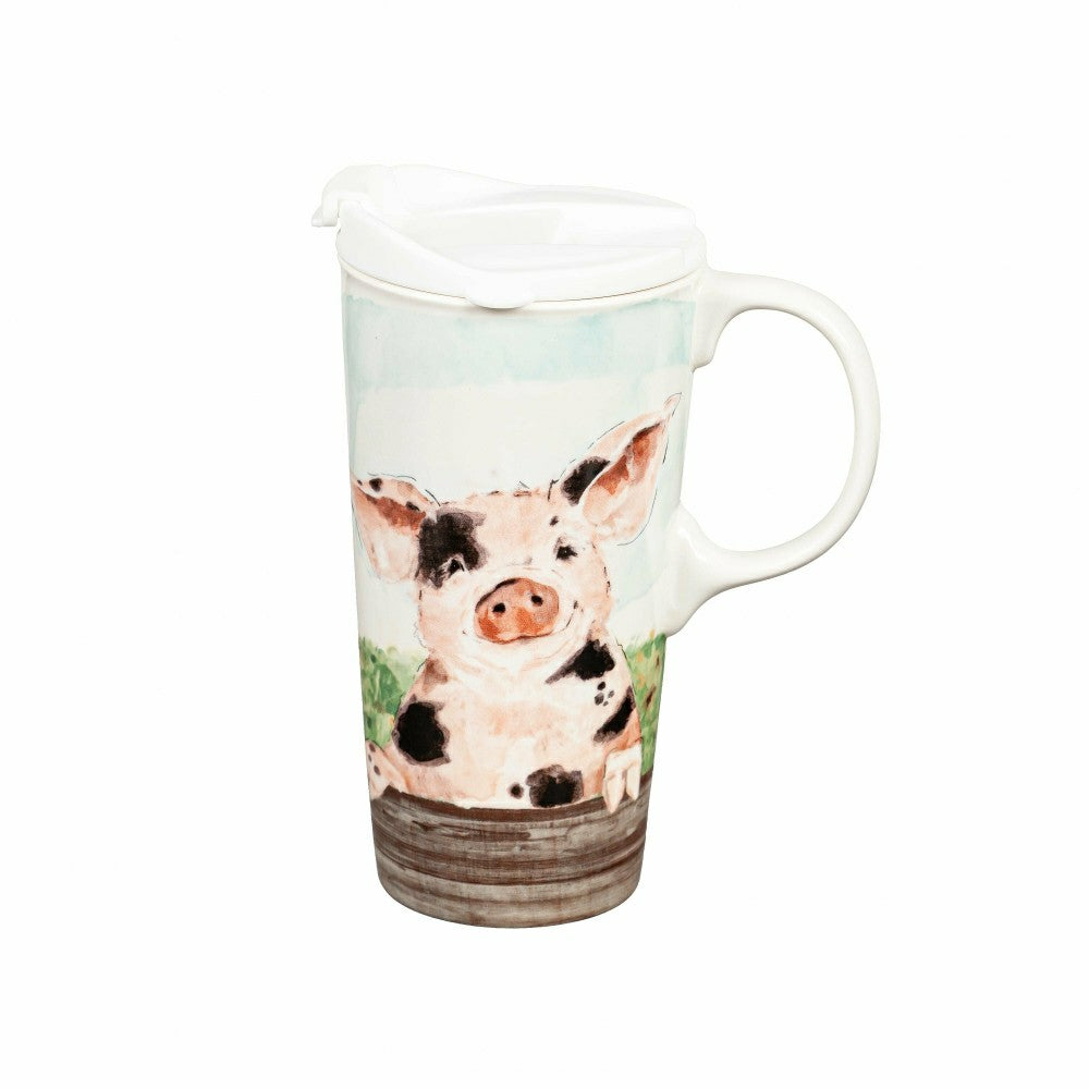 Plow & Hearth Hillside Pasture Travel Cup Ceramic Perfect Cup, Farm Spotted Pig, 17o