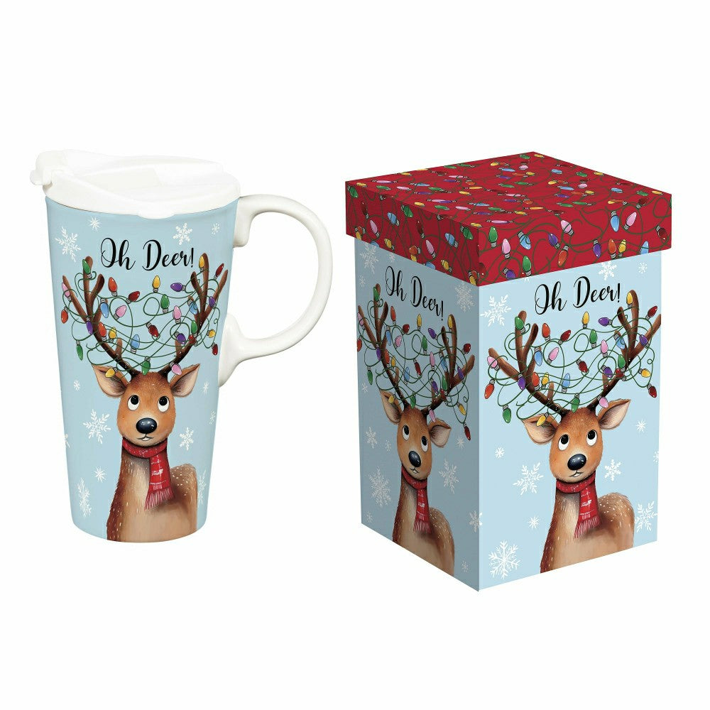 Plow & Hearth Twas The Night Travel Cup Ceramic Perfect Cup, Reindeer, 17oz, Gift Bo