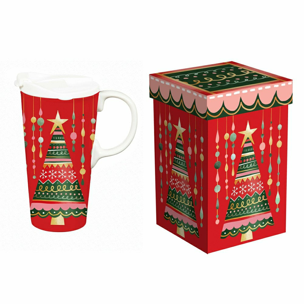 Plow & Hearth Twas The Night Travel Cup Ceramic Perfect Cup, Christmas Tree, 17oz, G
