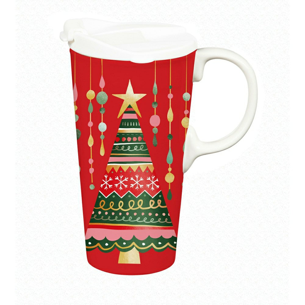 Plow & Hearth Twas The Night Travel Cup Ceramic Perfect Cup, Christmas Tree, 17oz, G