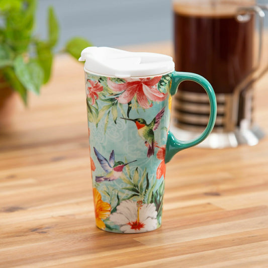 Plow & Hearth Cottage Garden Travel Cup Ceramic Perfect Cup, Hummingbird Friends, 17