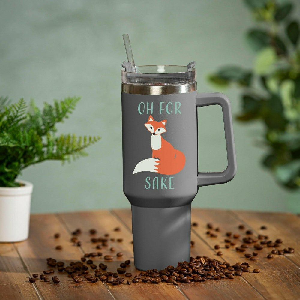 Plow & Hearth Oh For Fox Sake Canyon Cup, Double Wall Stainless Steel w/ Straw, 40oz