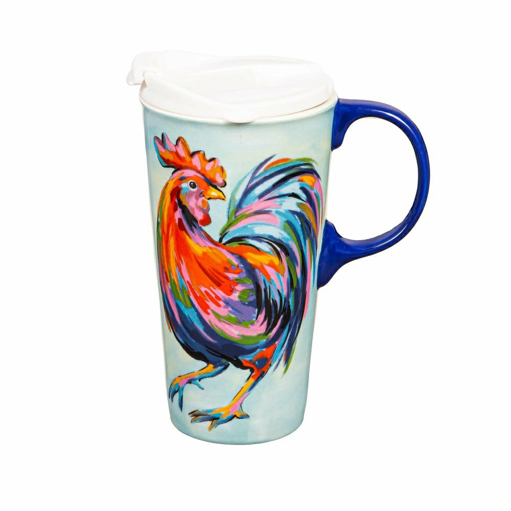 Plow & Hearth Hillside Pasture Travel Cup Ceramic Perfect Cup, Colorful Rooster, 17o