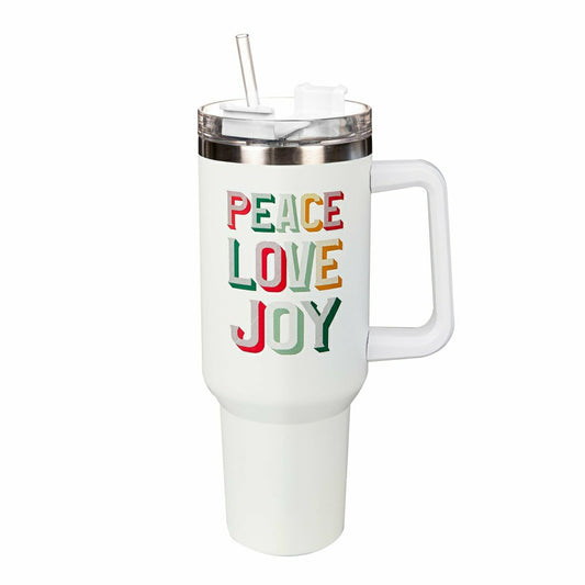 Plow & Hearth Heartfelt Cheer Tumbler Stainless-Steel Canyon Cup w/ Straw, Peace Lov