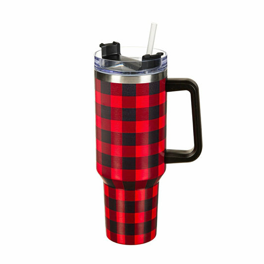 Plow & Hearth Twas The Night Tumbler Stainless-Steel Canyon Cup w/ Straw, Red Buffal