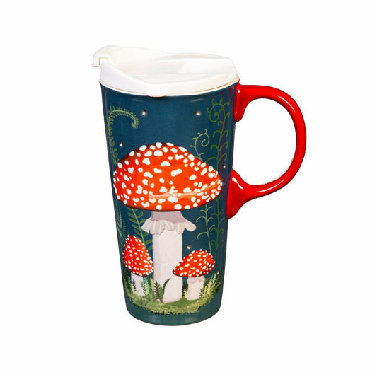 Plow & Hearth Garden of Wonder Travel Cup Ceramic Perfect Cup, Mushroom Forest, 17oz