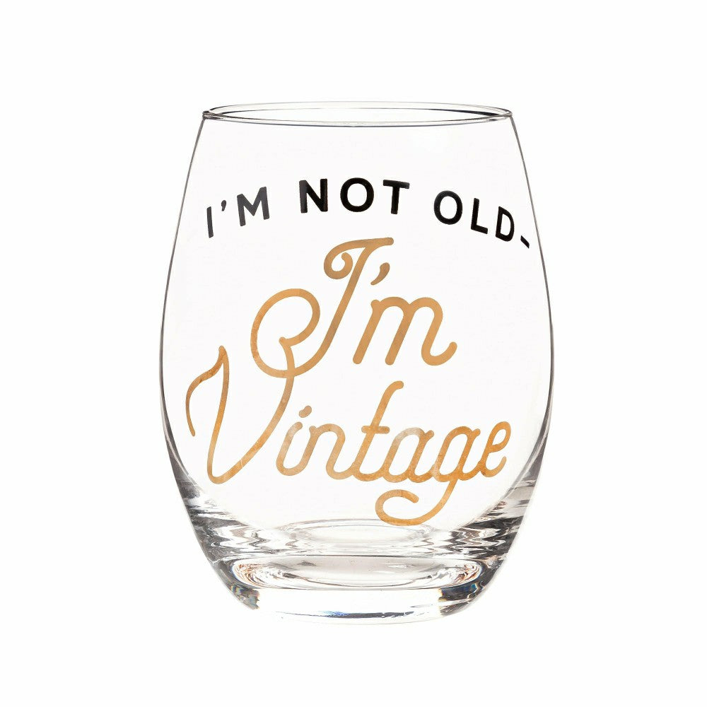 Plow & Hearth Just for Laughs Wine Glass Stemless Glass, I'm Not Old I'm Vintage, 17