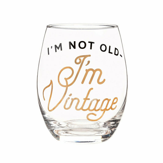 Plow & Hearth Just for Laughs Wine Glass Stemless Glass, I'm Not Old I'm Vintage, 17