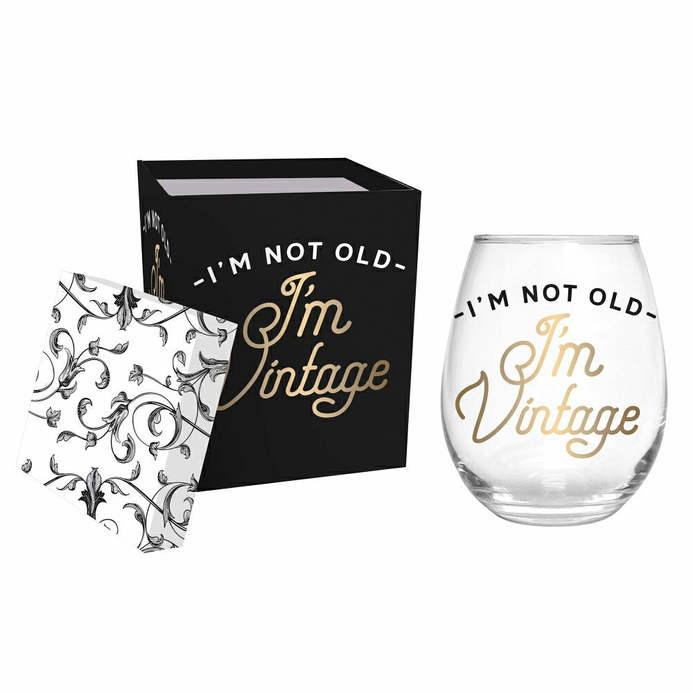Plow & Hearth Just for Laughs Wine Glass Stemless Glass, I'm Not Old I'm Vintage, 17