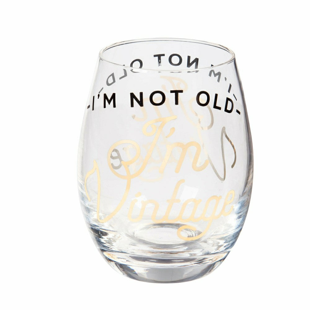Plow & Hearth Just for Laughs Wine Glass Stemless Glass, I'm Not Old I'm Vintage, 17