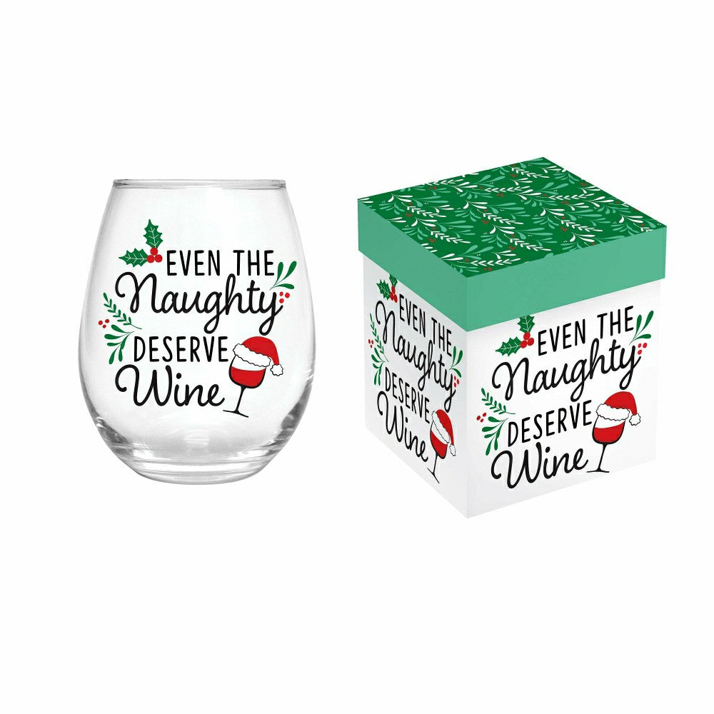 Plow & Hearth Twas The Night Wine Glass Stemless Glass, Naughty, 17oz, Gift Box