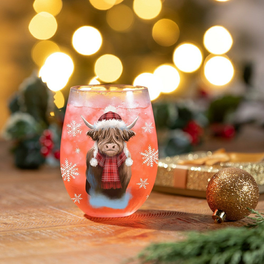 Plow & Hearth Holly Homestead Wine Glass Stemless Glass, Highland Cow, 17oz, Gift Bo